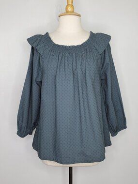 Sonoma Ruffle Shoulder Swiss Dot Cottagecore Gray Cotton Relaxed Top NEW Size L